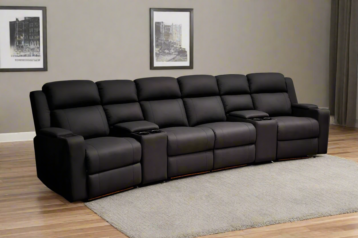 Prestige Home Theatre Recliner Set | 4 Recliners + 2 Consoles | Black Fabric | by Arbor & Elm 2