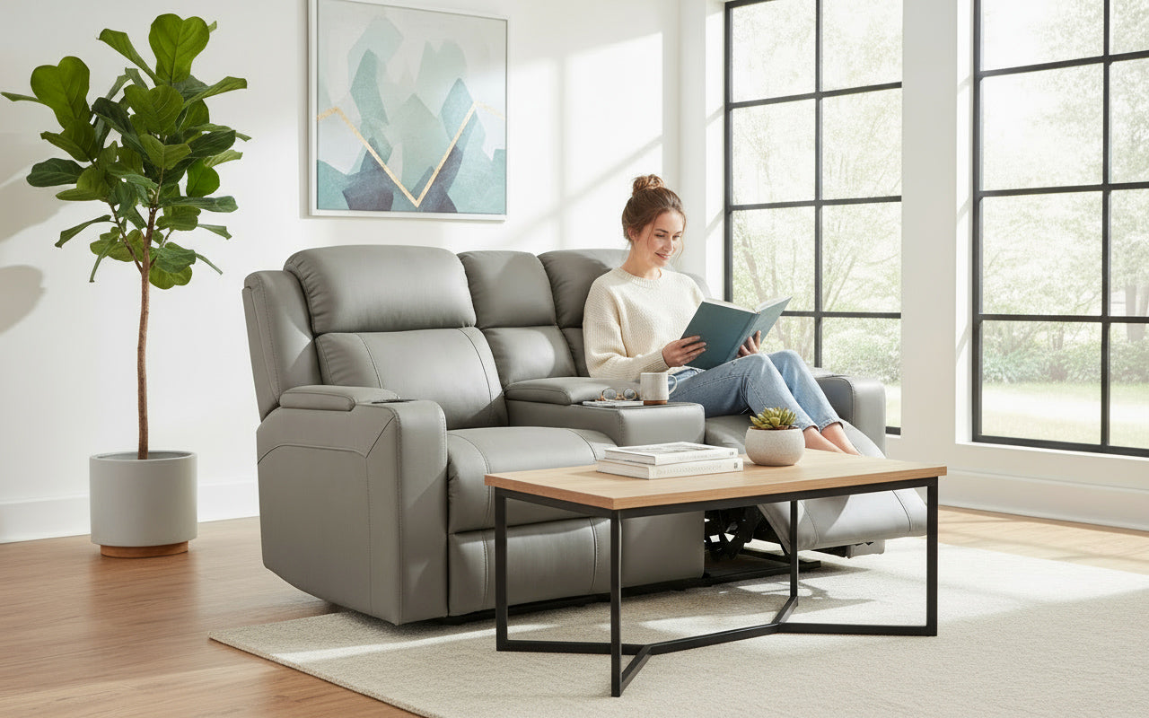 Woman reading a book on a gray sofa in a bright living room with large windows.