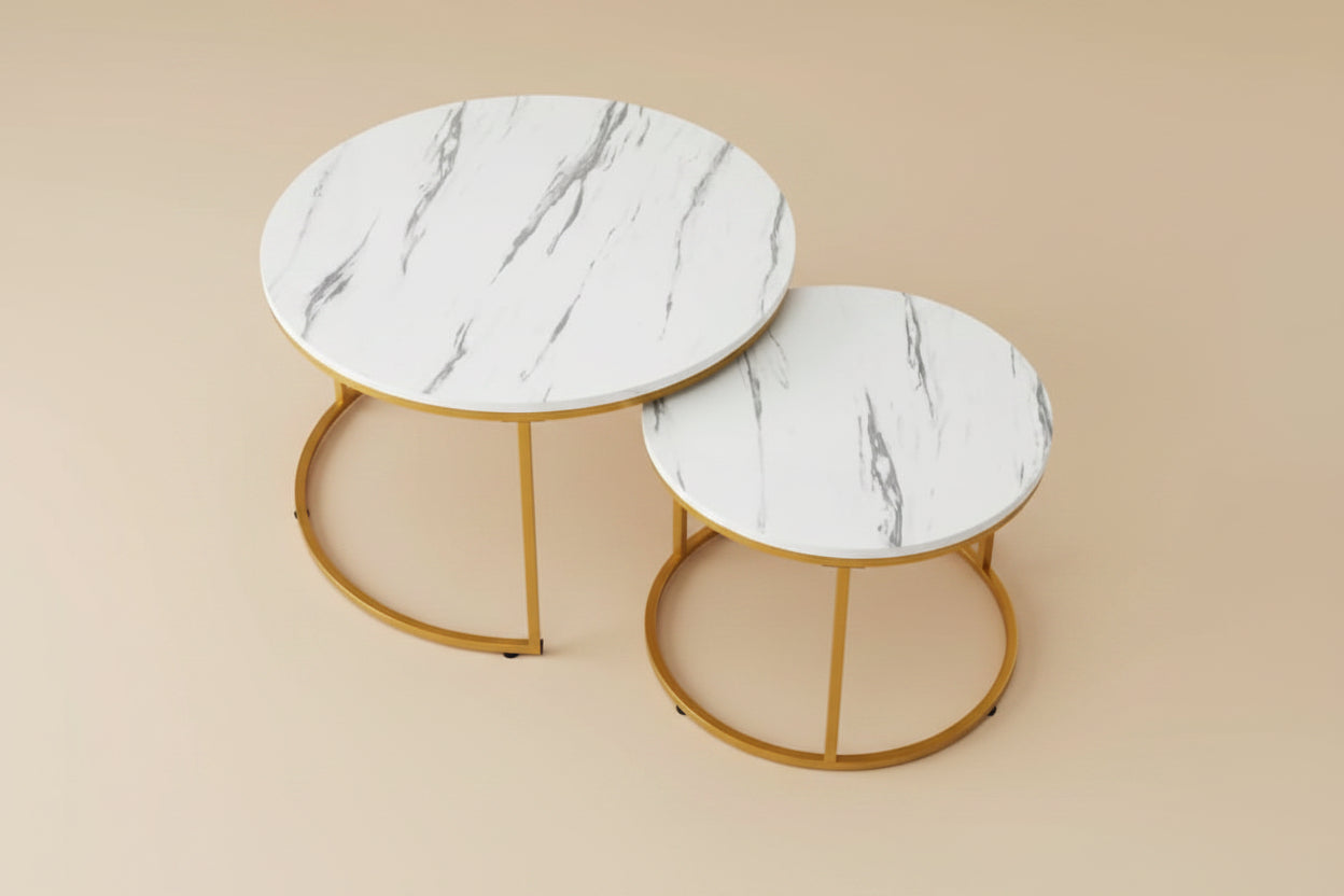 Two marble-top coffee tables with gold metal bases