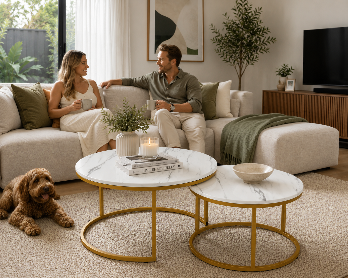 A man and a woman relax on a cream sectional sofa in a modern living room, with two round nesting coffee tables in the foreground. The tables have white marble tops with subtle gray veining and gold metal bases.