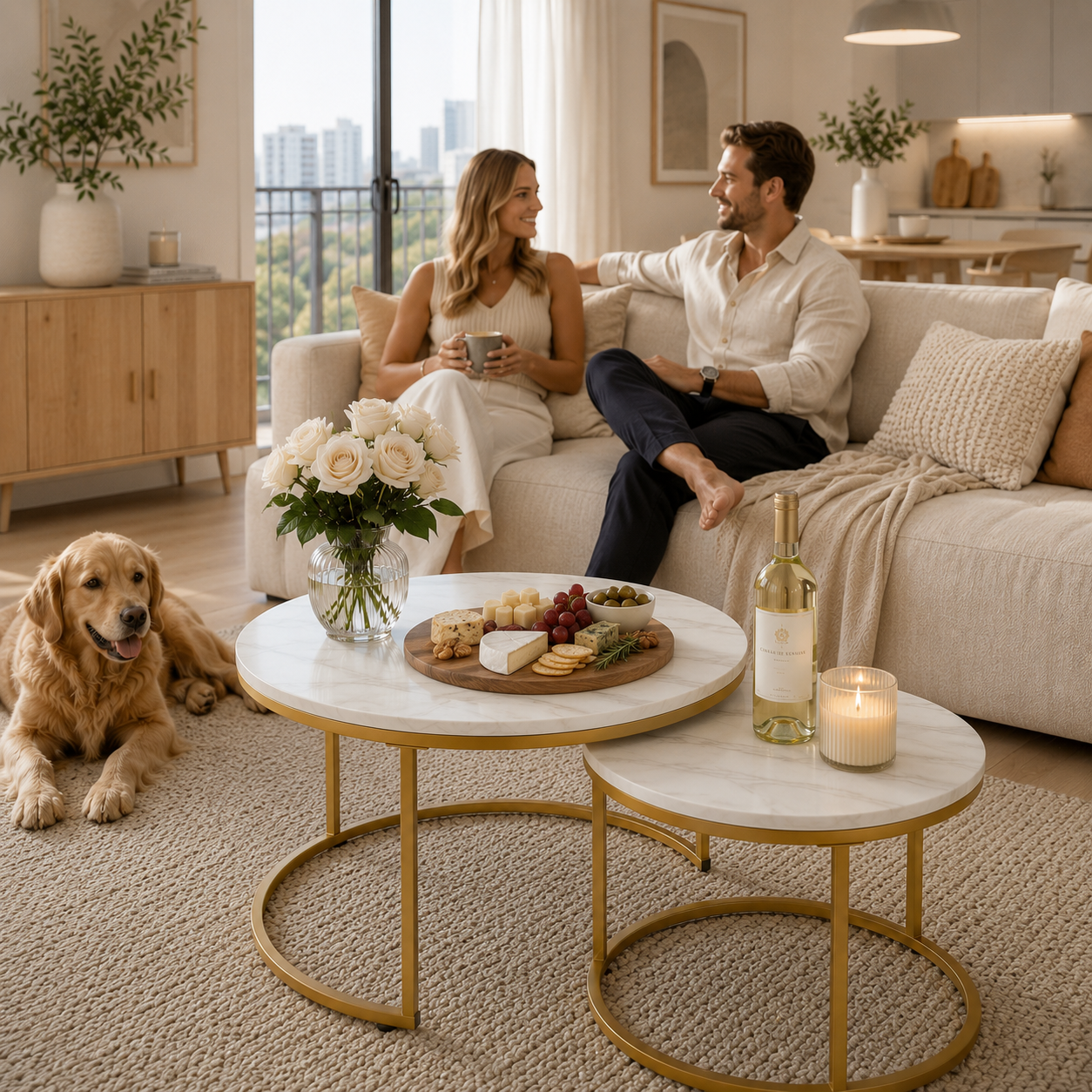A man and woman relax on a cream sofa in a modern living room, with a golden retriever on the rug beside a round marble coffee table. The table holds a bottle of wine, a candle, and a charcuterie board with cheese, crackers, and grapes.