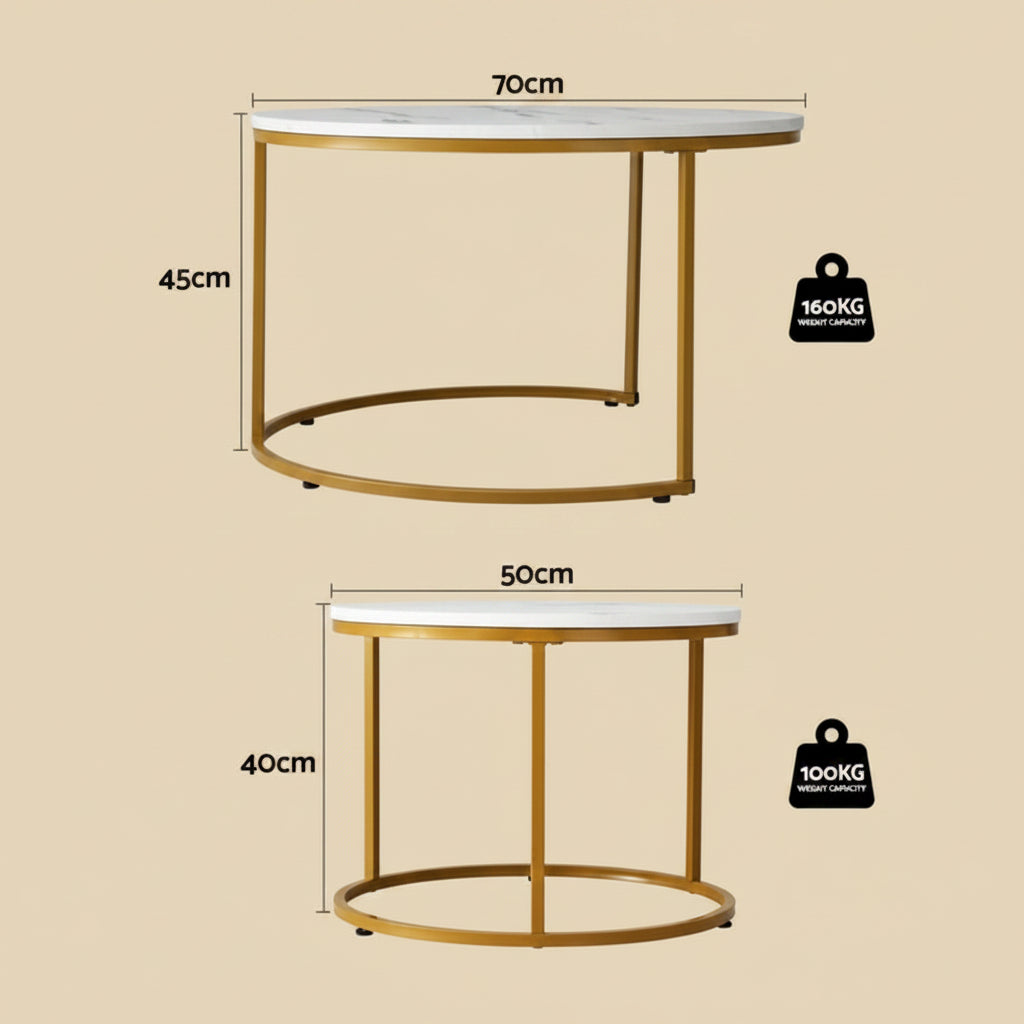 Two round side tables with white marble-look tops and gold metal frames, shown with dimension labels (70cm by 45cm and 50cm by 40cm) and weight icons