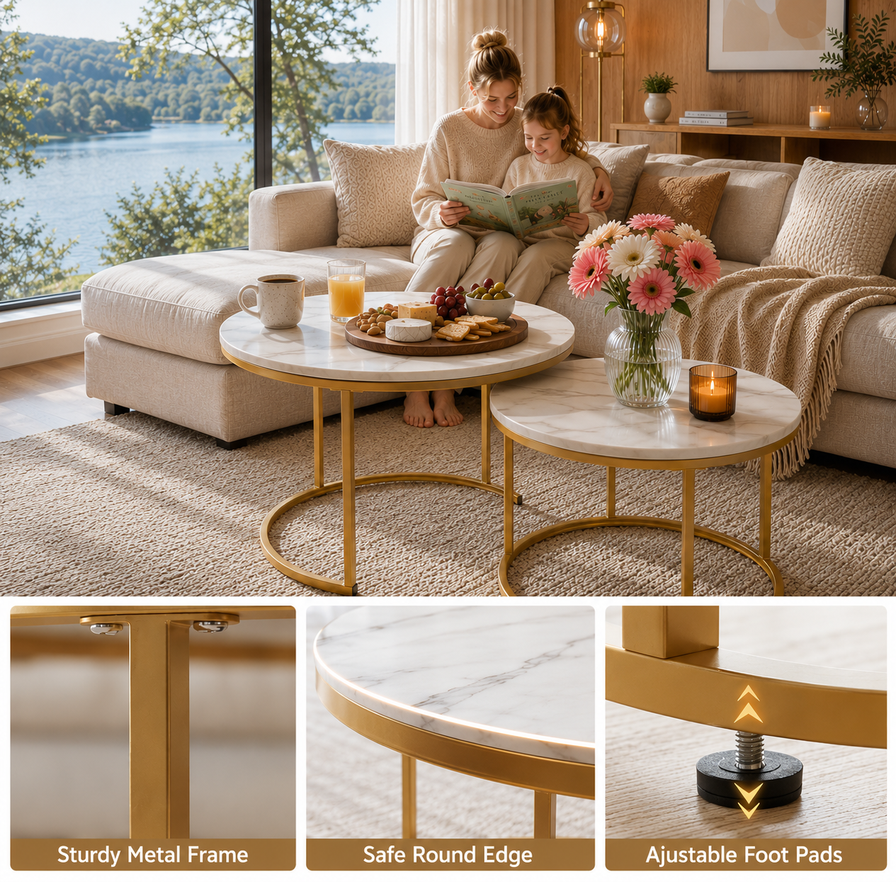 A staged living room scene shows a woman and child sitting on a beige sectional sofa while reading, with two round coffee tables in front. The tables have white marble tops and gold metal frames.