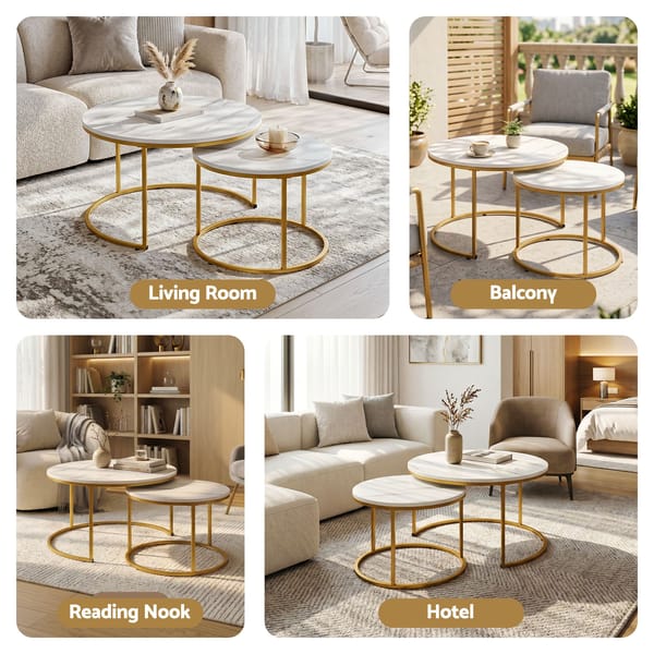 Set of round marble tables with gold metal frames in various settings including living room, balcony, reading nook, and hotel.