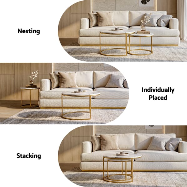 Three different arrangements of a beige sofa with gold coffee tables in a room setting.
