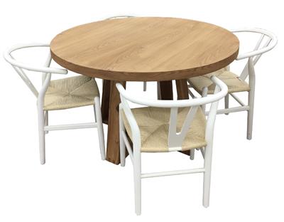 Round wooden table with four white Scandanavian Wishbone chairs 