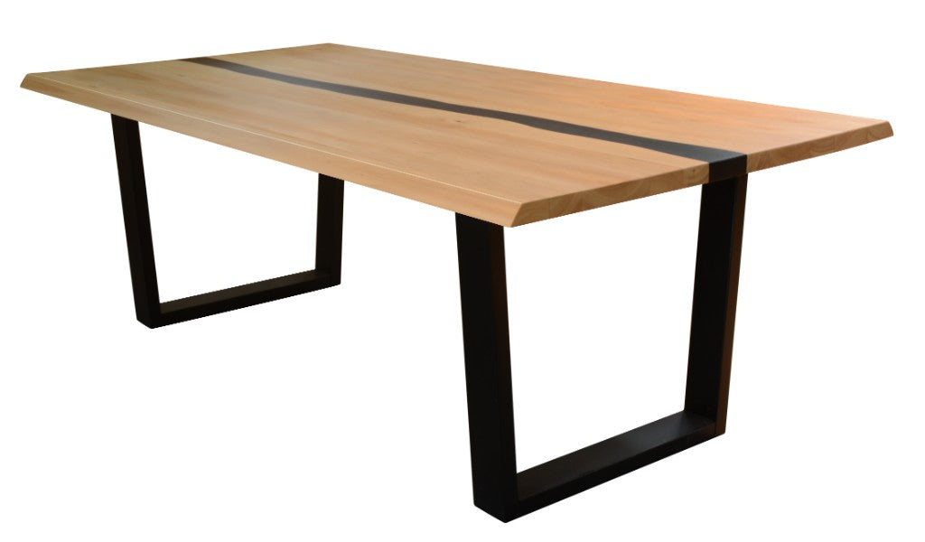 Wooden coffee table with black metal legs on a white background