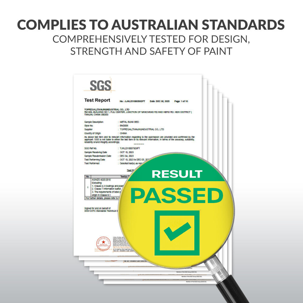 SGS test report with a magnifying glass showing 'Passed' on a white background