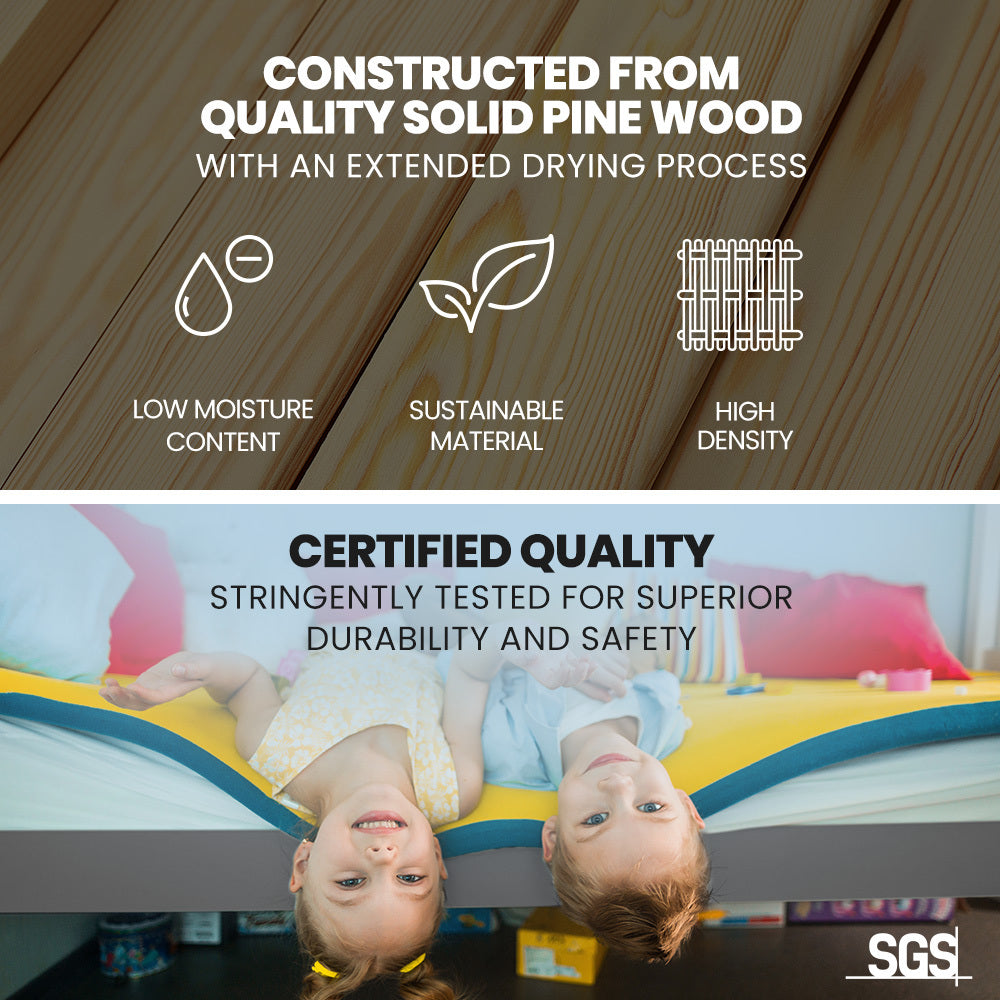Advertisement for a bed made of quality solid pine wood with child safety features.