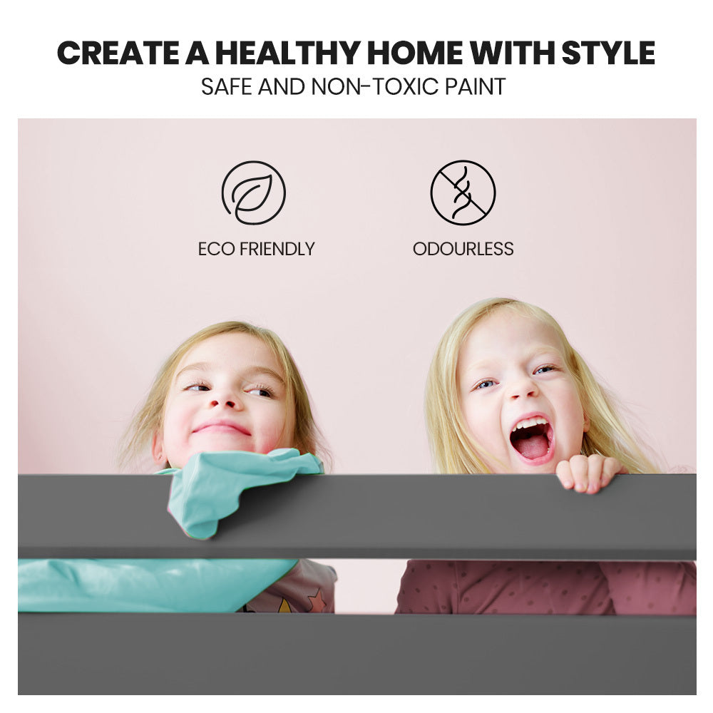 Children peeking over a surface with text about eco-friendly and odourless paint.