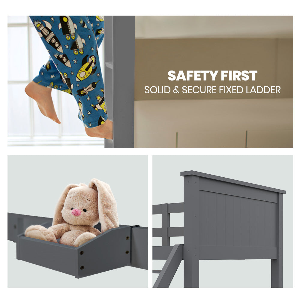 Children's bed with safety features, including a ladder and teddy bear, with text 'Safety First' on a plain background.