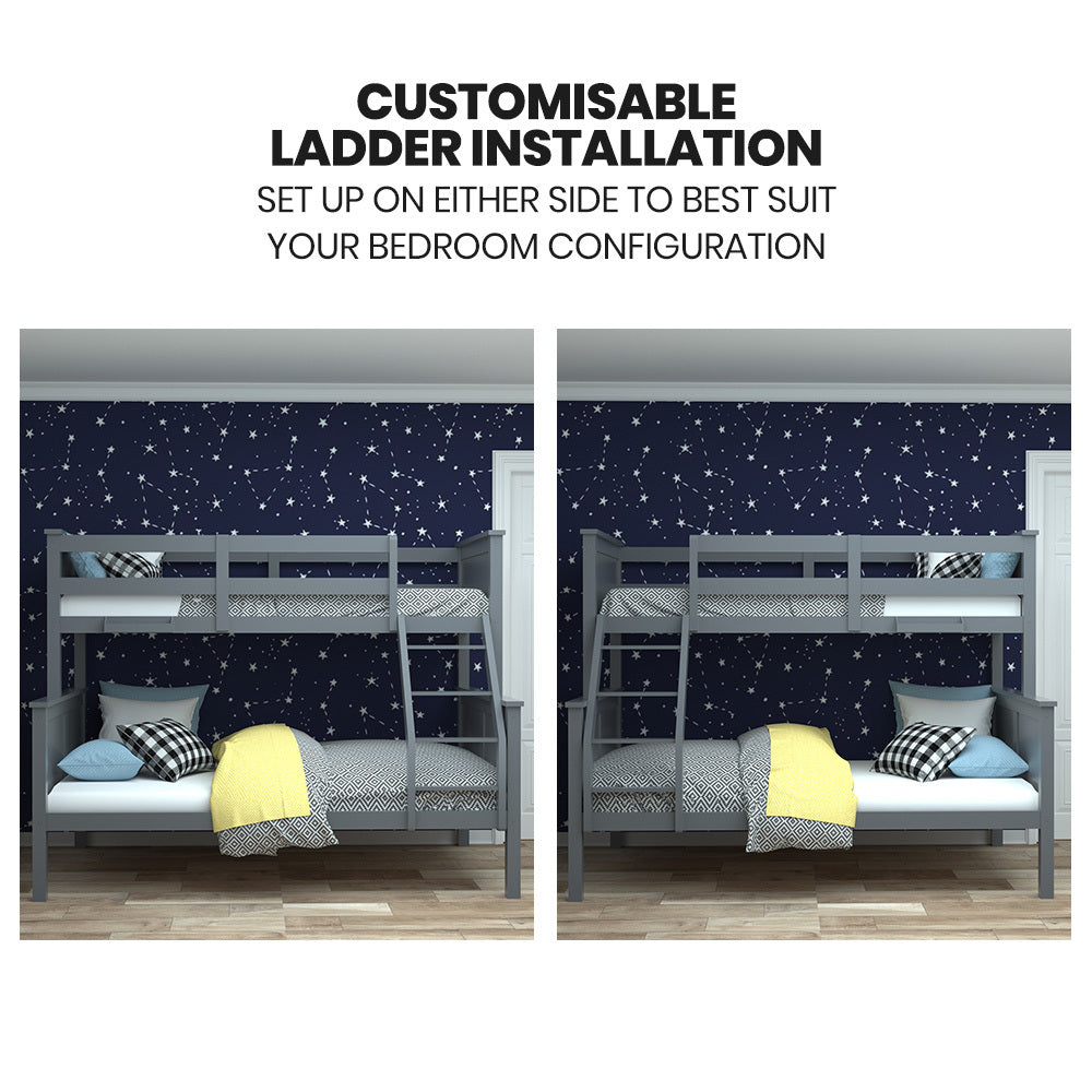 Bunk bed with customizable ladder installation on a white background
