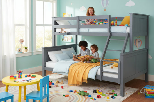 Triple Wooden Single Over Double Bunk Bed Frame for Kids, Convertible Design, Grey