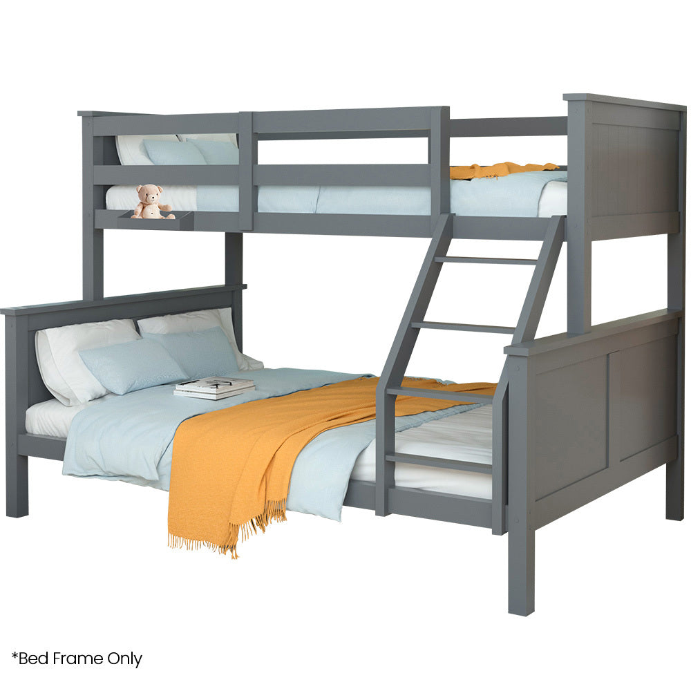 Gray bunk bed with white bedding and orange blanket 