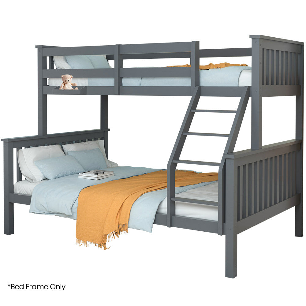 Gray wooden bunk bed with bedding and ladder