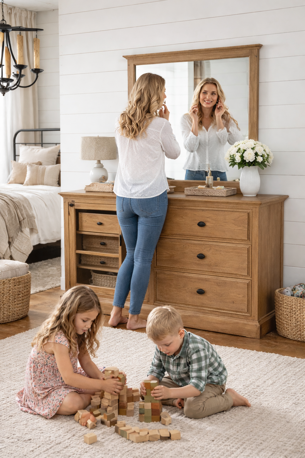 Wooden dresser in a bedroom with woman standing in front and children playing on the floor.