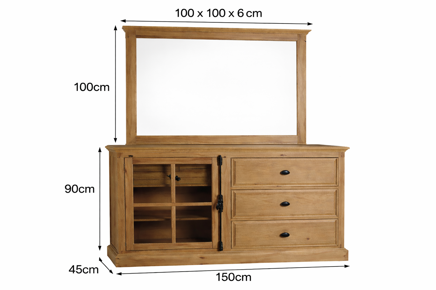 Wooden dresser with mirror and dimensions labeled