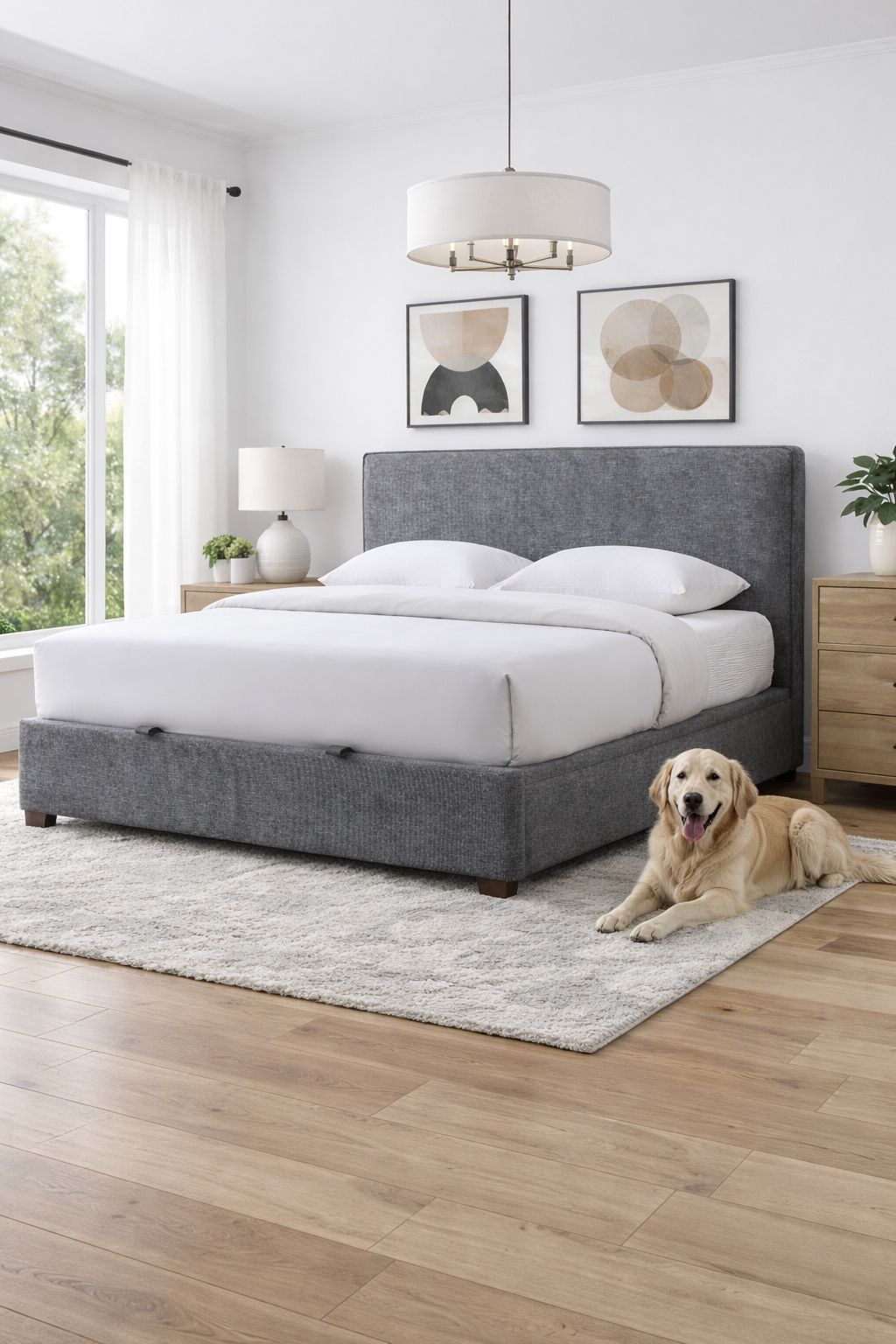 Gray upholstered bed with dog lying on a rug in a bright bedroom.