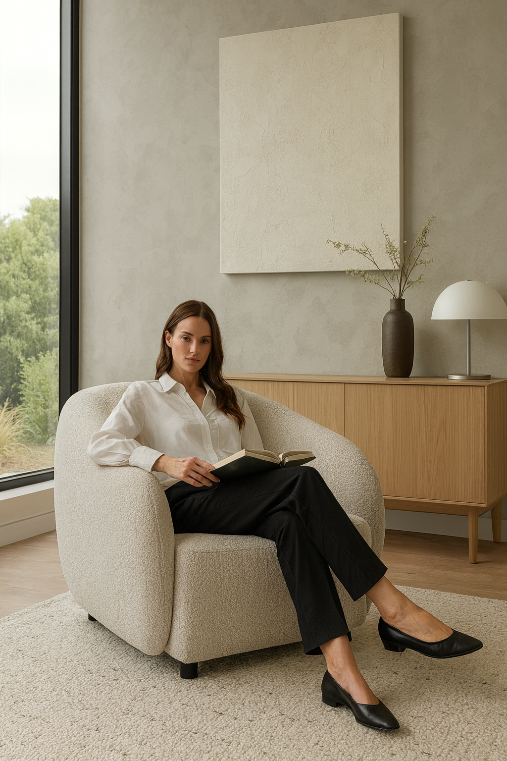 Woman sitting in a chair reading a book in a modern room.