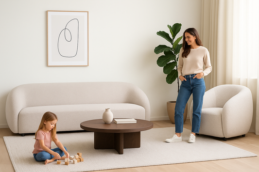 Woman and child in a modern living room with a sofa, coffee table, and decorative items.