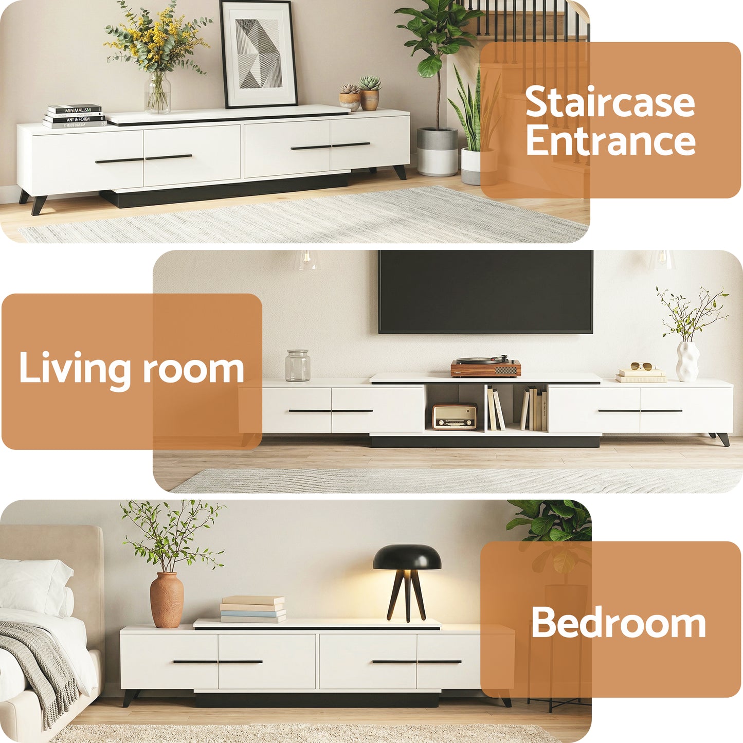 Collage of a white entertainment console in different rooms labeled 'Living room', 'Staircase Entrance', and 'Bedroom'.