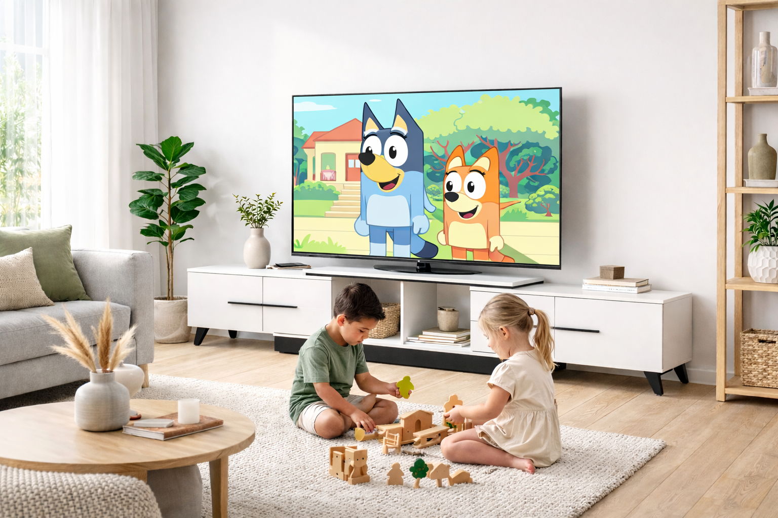 Entertainment unit in living room with children playing with toys and watching Bluey