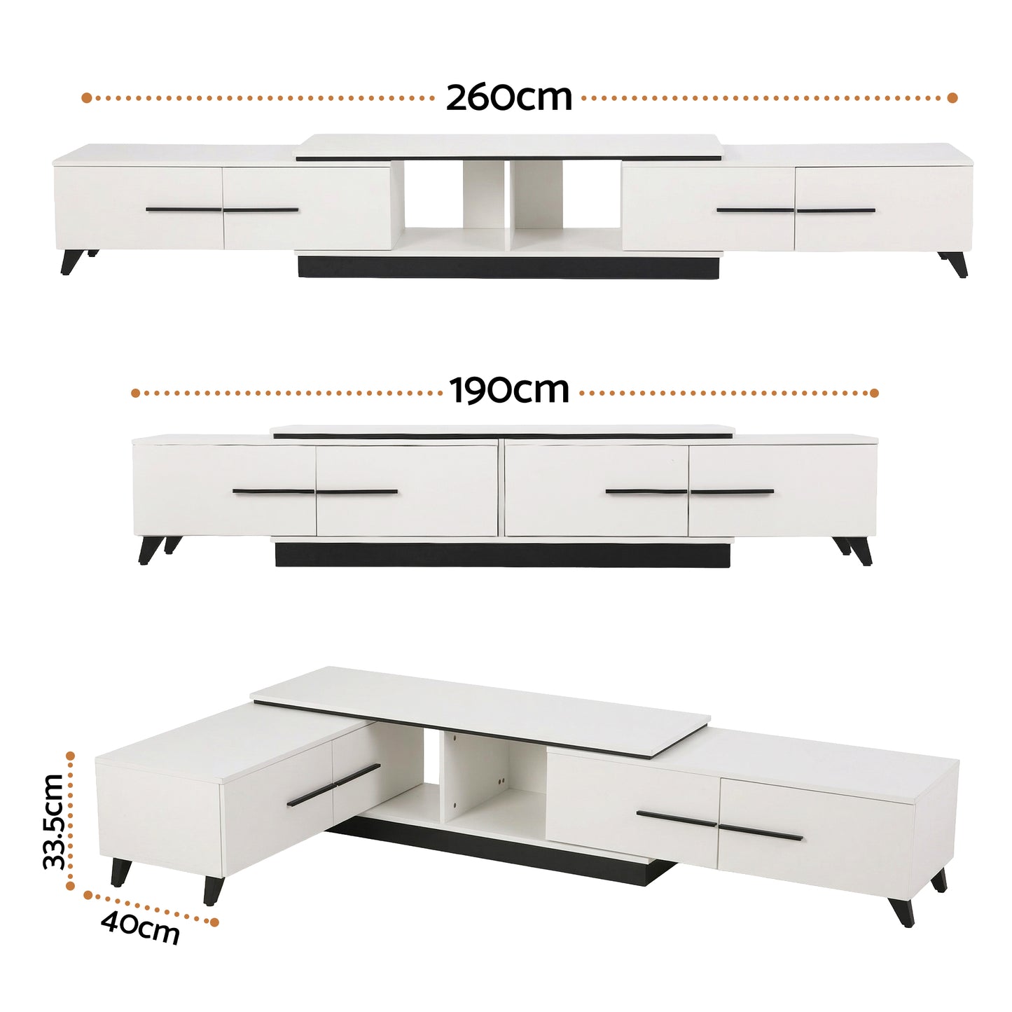 White TV stand with dimensions labeled 