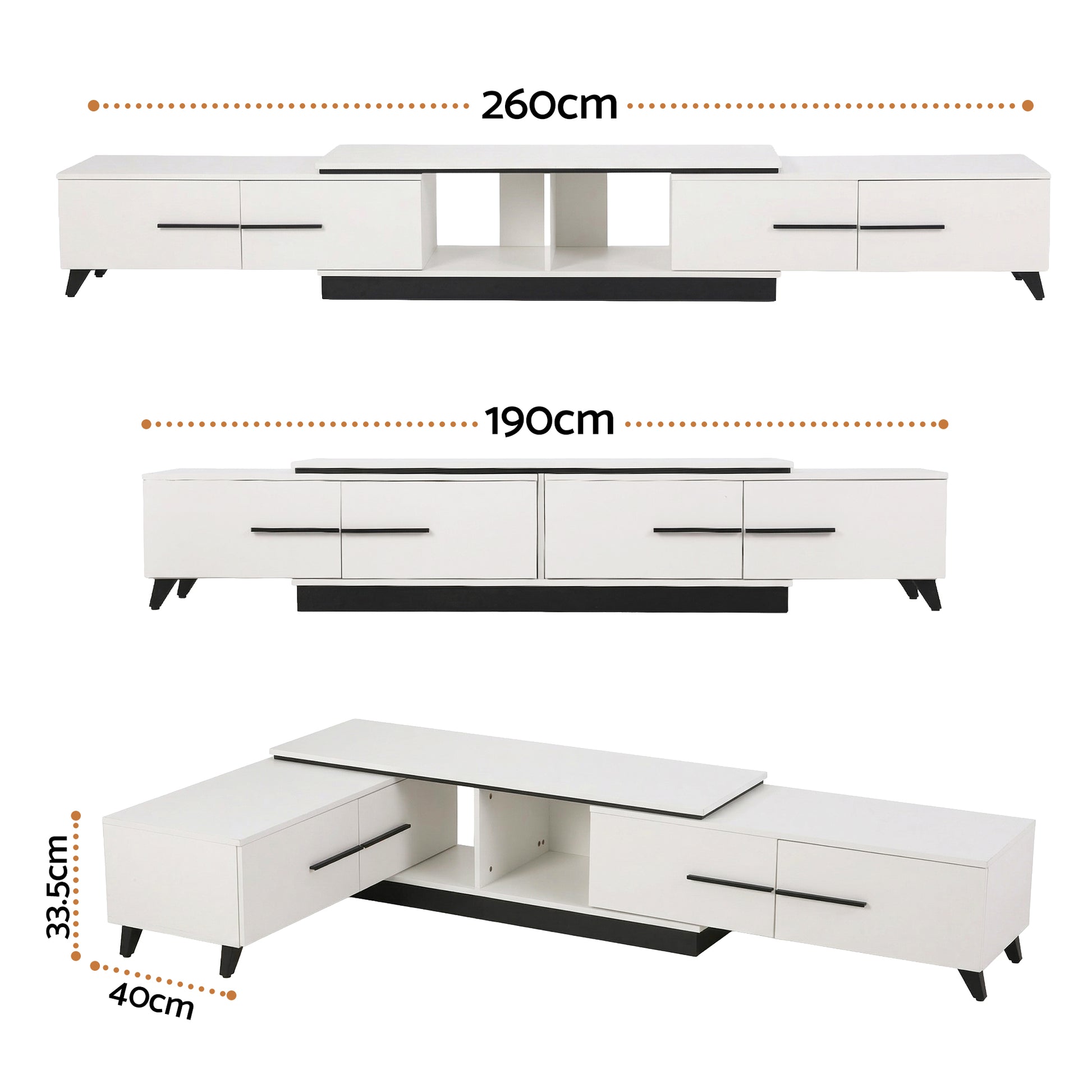 White TV stand with dimensions labeled 