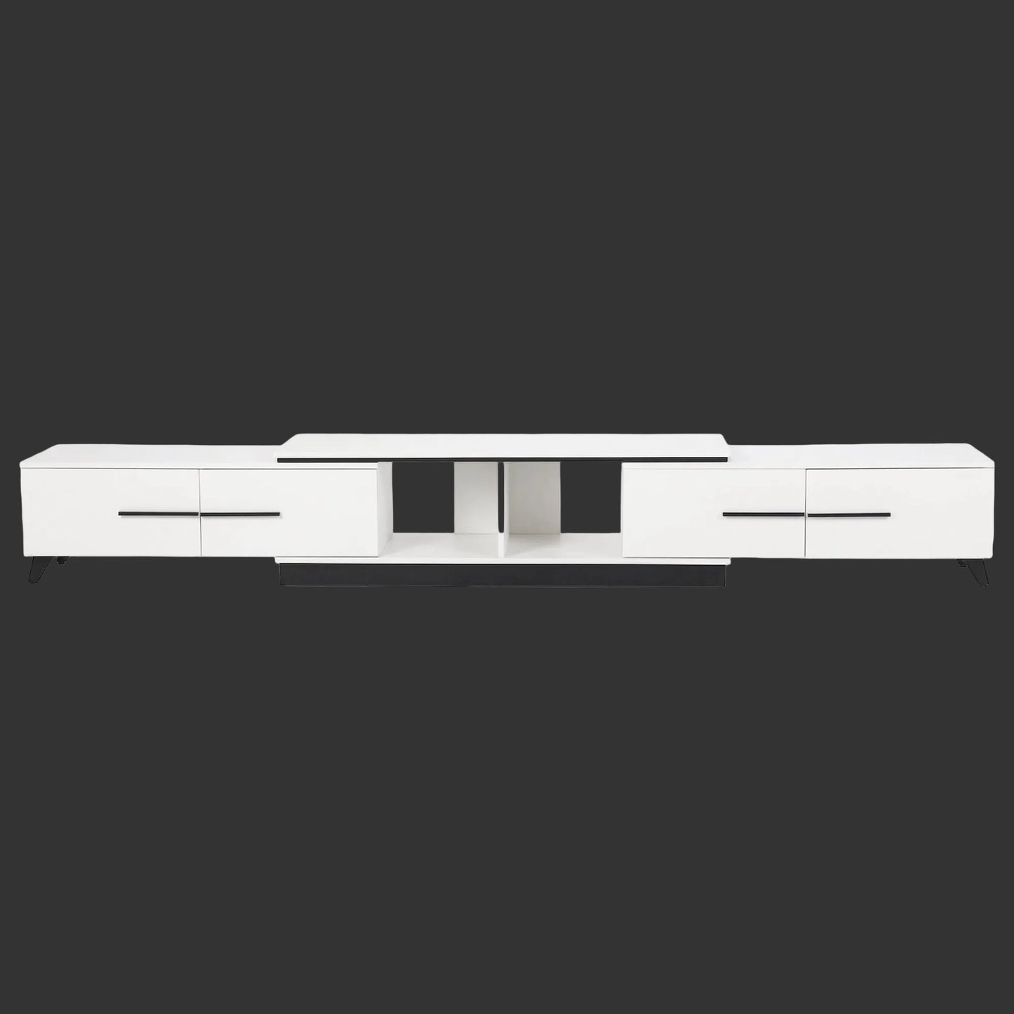 White TV stand with black accents