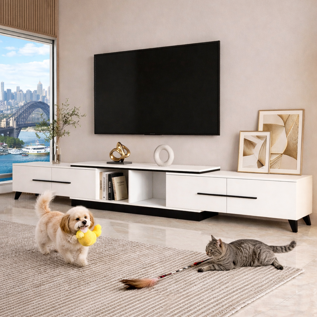 White entertainment unit in modern living room