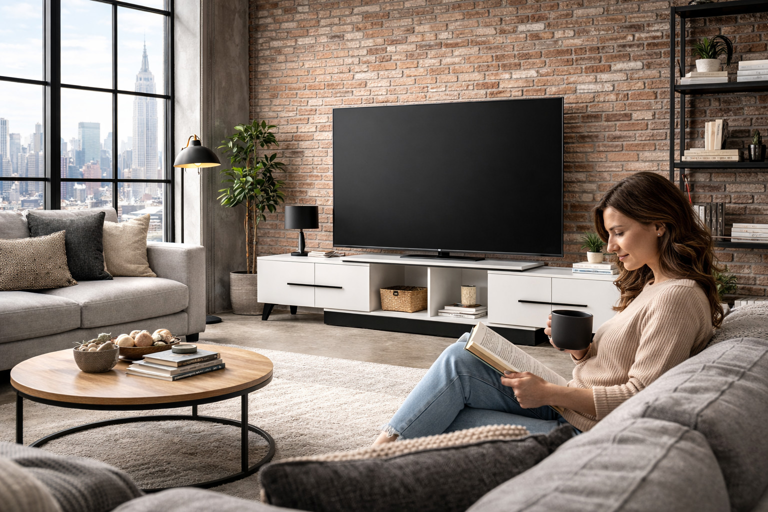 Entertainment unit with woman reading a book in a modern living room with a city view.