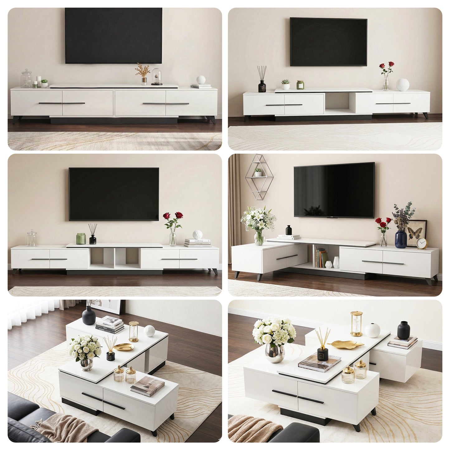 Collage of white extendable entertainment unit in a modern living room setup