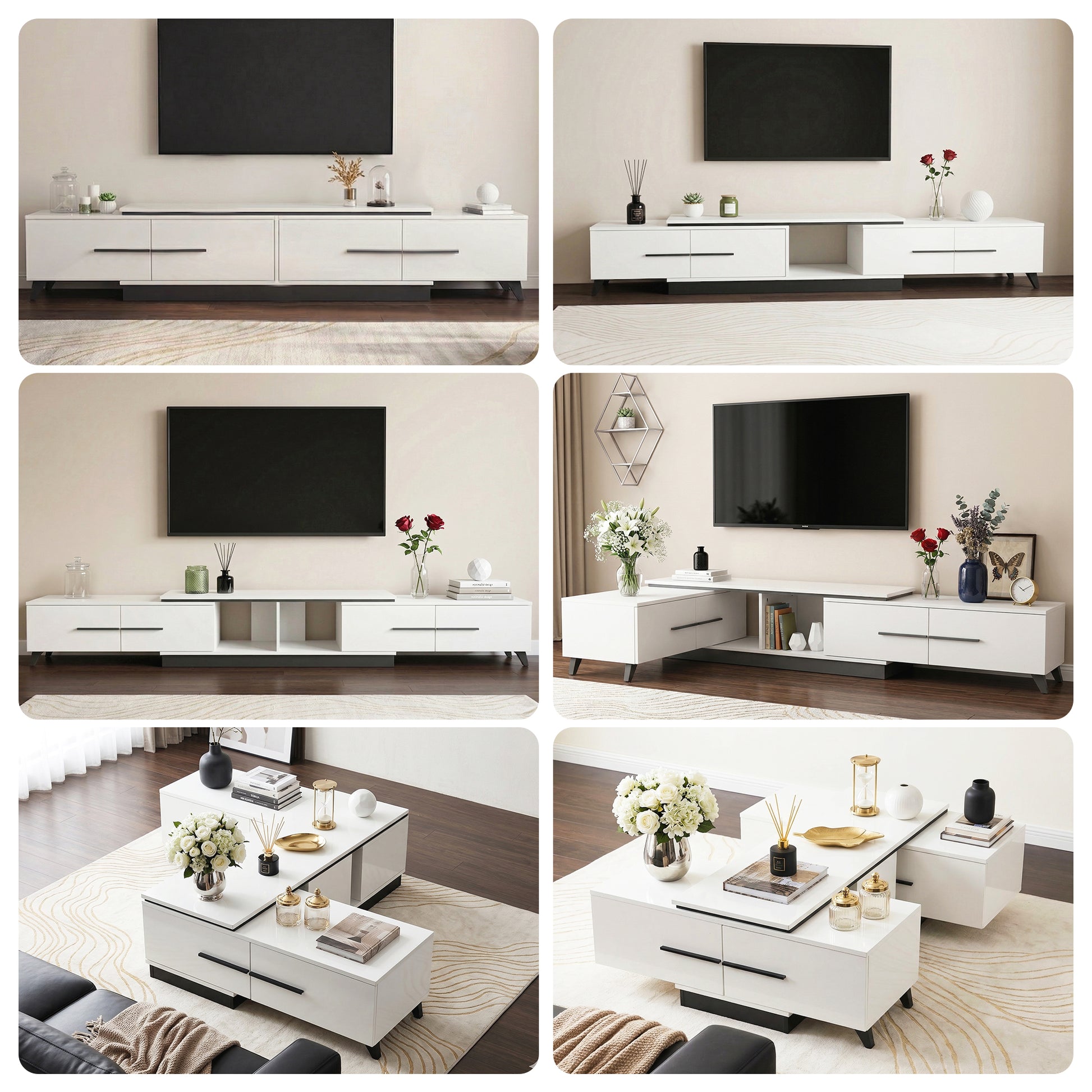 Collage of white extendable entertainment unit in a modern living room setup