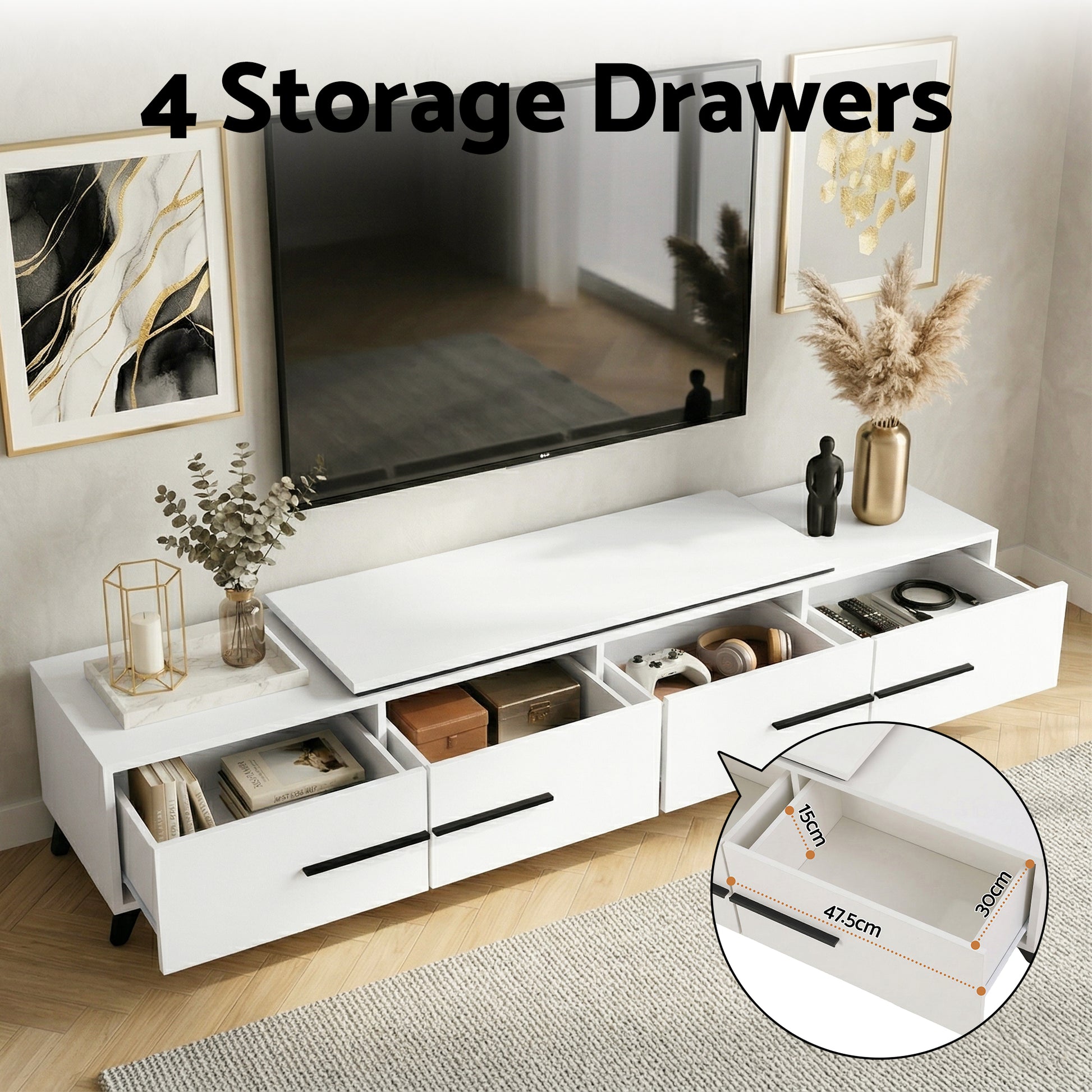 White TV stand with storage drawers in a living room setting, featuring an inset showing drawer dimensions.