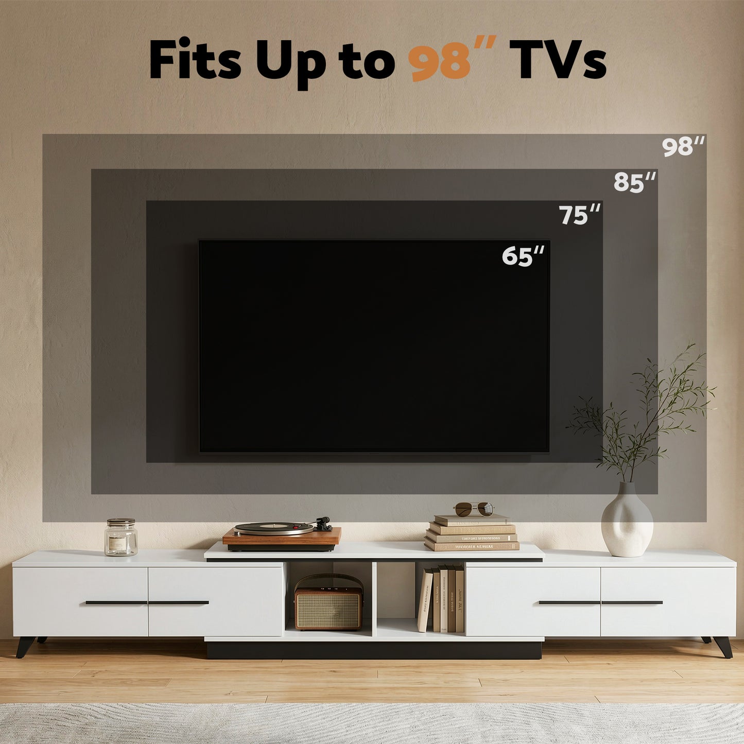 White entertainment console with a mounted TV displaying size measurements.