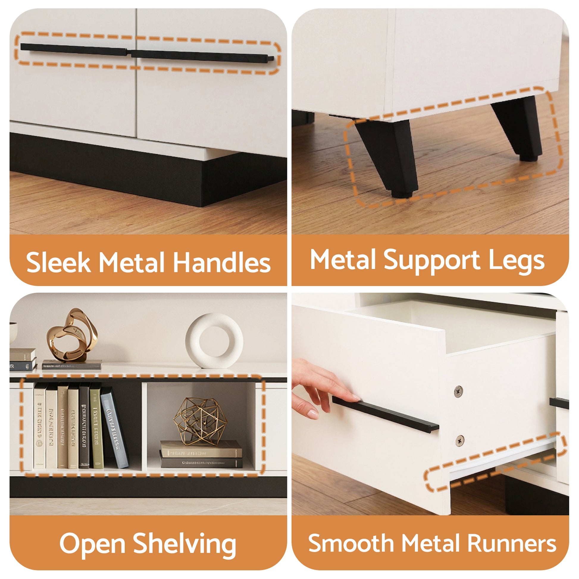 Collage of a white entertainment unit with features highlighted, including sleek metal handles, metal support legs, open shelving, and smooth metal runners.