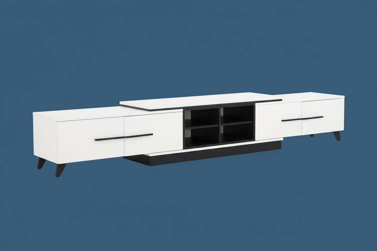 White TV stand with black accents 
