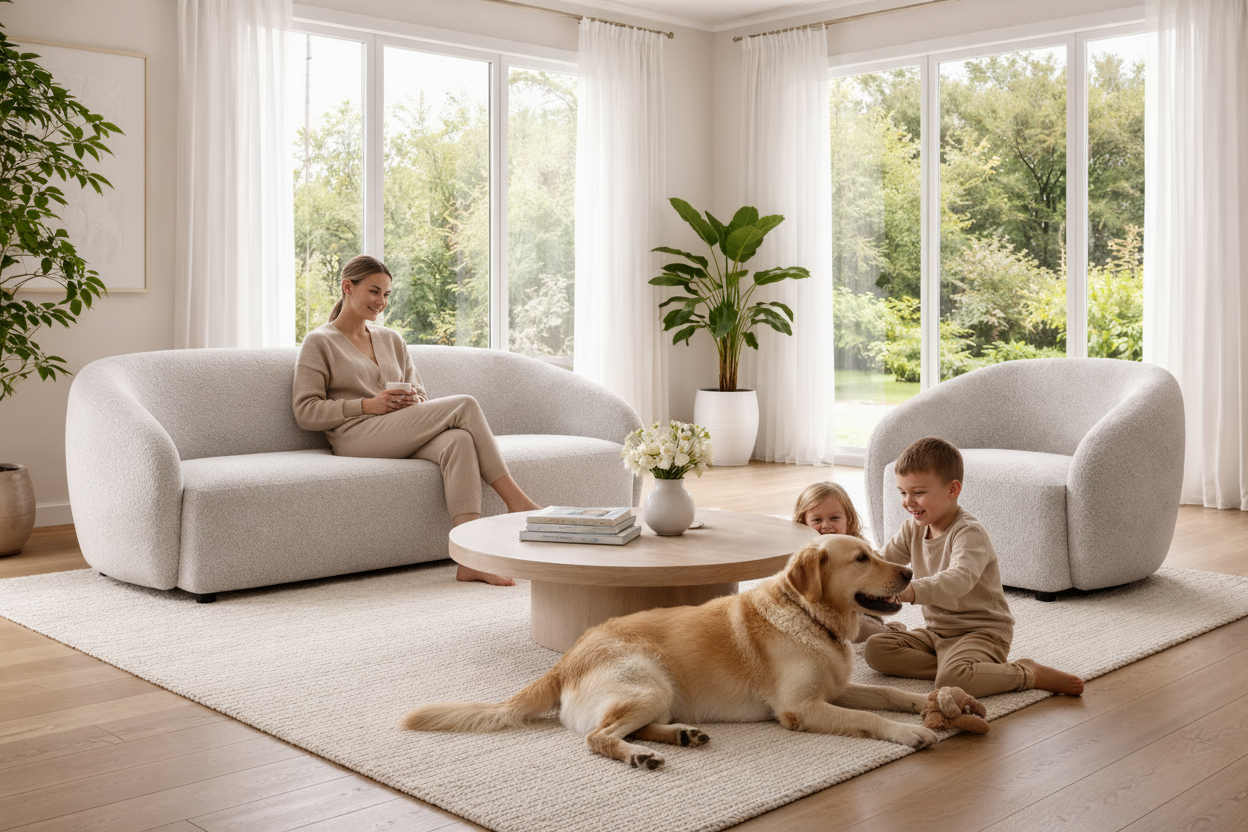 Modern living room with a white sofa, armchair, and round coffee table.