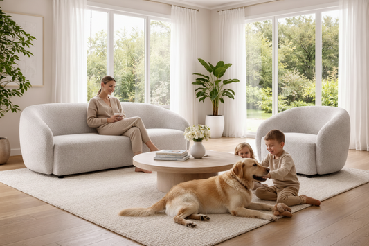 Modern living room with a white sofa, armchair, and round coffee table.